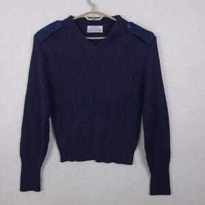 Iron Run V-Neck Sweater Mens 44 Navy Blue Wool Military USAF Epaulets Vintage